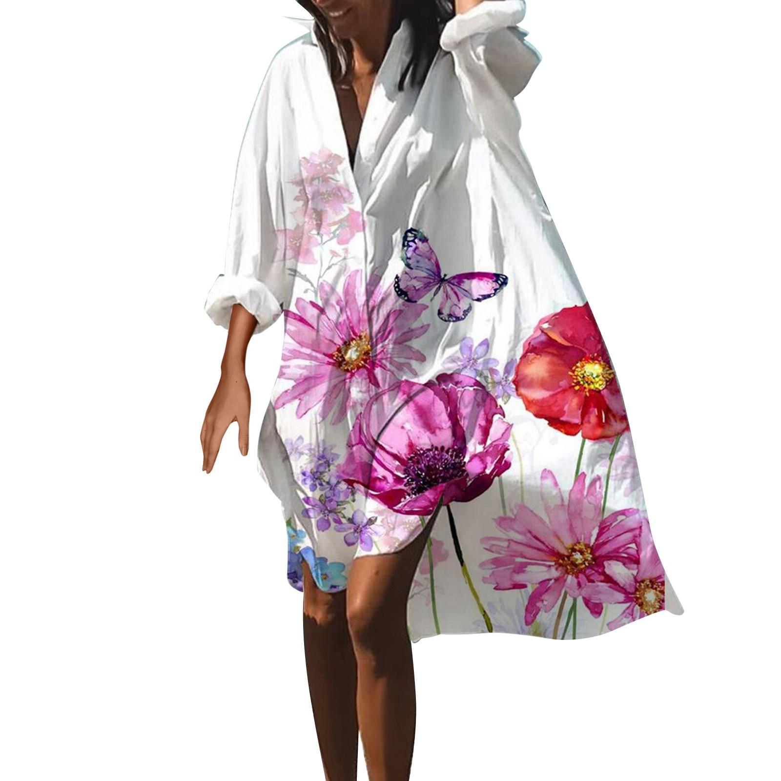 

Women Summer Bohemian Dress Casual Print Shirt Dress For Women Fashion Long Sleeve Beach Hawaiian Cover Ups Dresses Clubwear Button Down XL фіолетовий
