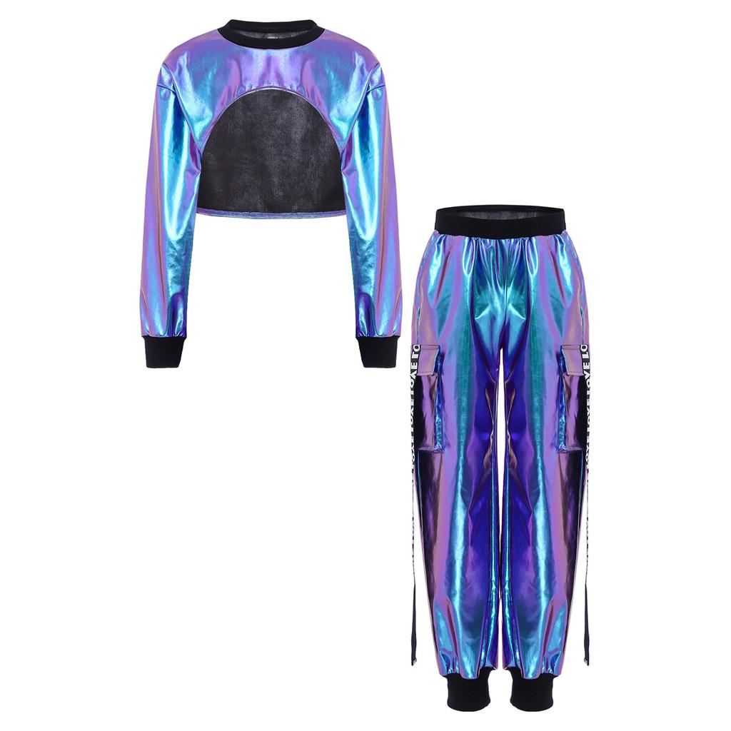 Girls Dance Clothing Set Glossy Metallic Workout Top and Pocket Pants Hip Hop Jazz Street Performance Outfit