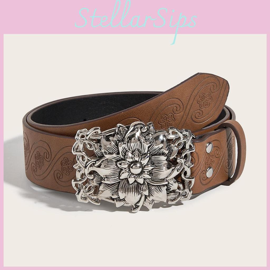 Belt Print Flower Pattern Hollow Metal Buckle Fashion Clothing Accessories