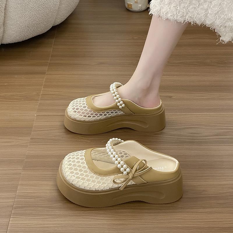 

Принцессный стиль бант жемчуг толстая подошва сетчатые тапочки лето новый высокий класс губка торт сумка голова прохладные тапочки 40 хаки