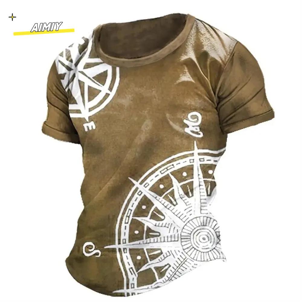 Vintage Summer Compass Pattern 3D Printed Short-sleeve Men's T-shirts Loose Daily Men Clothing Casual Streetwear