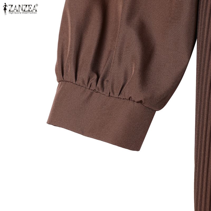 ZANZEA Abito casual musulmano da donna, girocollo, manica lunga, ampio, plissettato