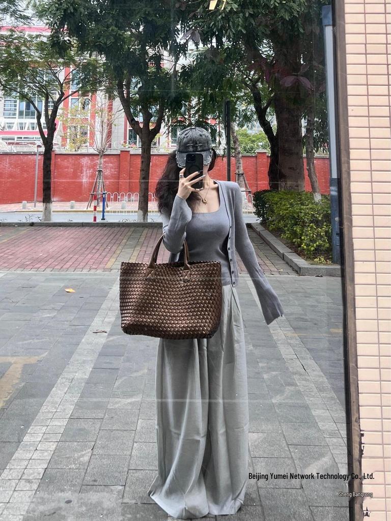 Grey Knitted Camisole and Cardigan Two-Piece Set - Korean Style, Early Autumn, Slimming and Slim Fit