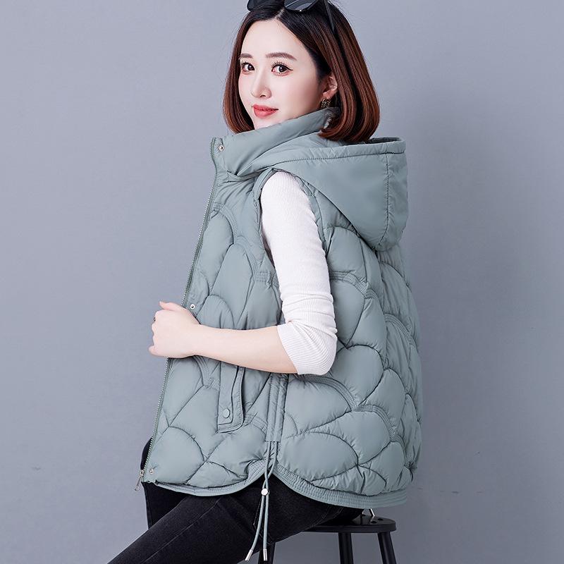 Stylish Hooded Down Cotton Vest for Middle-Aged Women, Windproof Warm Casual Jacket for Autumn/Winter