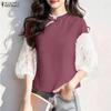 ZANZEA Damen Casual Stehkragen Spitze Patchwork 3/4 Ärmel Bluse