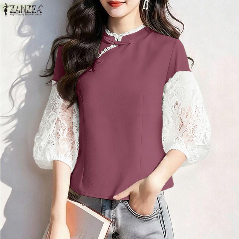 ZANZEA Damen Casual Stehkragen Spitze Patchwork 3/4 Ärmel Bluse