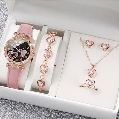 Elegantes Kristallherz Schmetterlingsarmband & Lederarmband Quarzuhr mit rosa Edelsteinbesatz