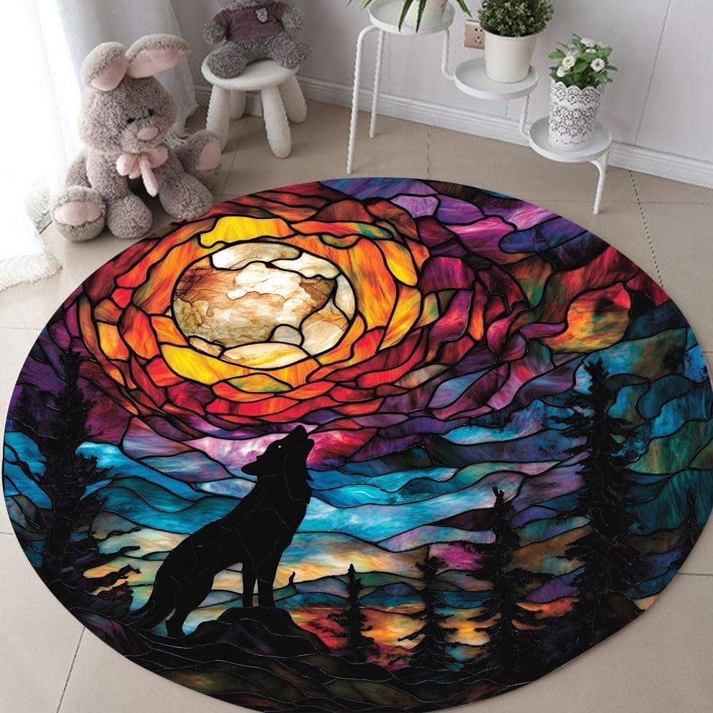 Stained Glass Wolf Howling Round Carpet Wolf Silhouette Art Non-Slip Floor Decor Mat for Living Room Bedroom Home Decor Rug