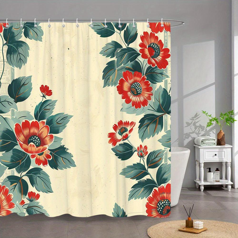 

1pc Vintage Floral Shower Curtain - Mid Century Inspired, Vibrant Red Flowers with Dark Green Leaves & Cream Background 90x180cm