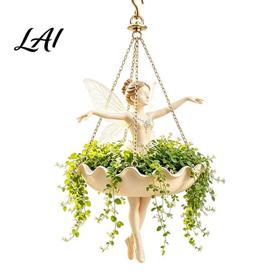 Garden Landscaping Accessories Fairy Ballet Dancer Mermaid Hanging Planter Resin Decorative Flower Pot with Metal Chain Hand Carved Planter Outdoor