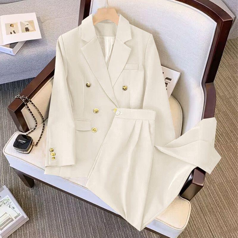 Women's Solid-Color Elegant Suit Set for Spring/Fall Youthful and Slimming Blazer + Relaxed-Fit Trousers Two-Piece Set