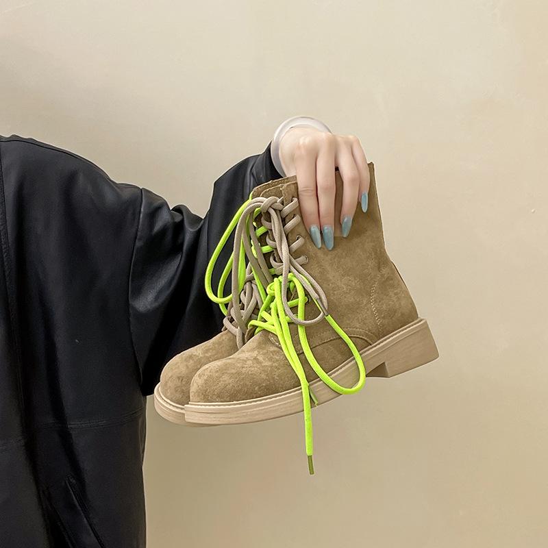 Retro contrasting color platform versatile strap-up square heel short boots autumn and winter fashion suede strap women's shoes thick heel Martin