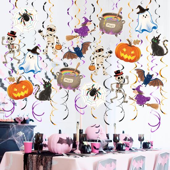 

48 Pcs Halloween Hanging Swirls Decoration Spooky Ceiling Spiral Streamer with Spider Pumpkin Ghost Sign for Halloween Home Decor 48pcs