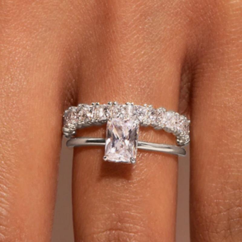 

Трендовые 2 шт./набор свадебных колец для женщин, яркие геометрические аксессуары для пальцев с кубическим цирконием, двойные, модная бижутерия 9