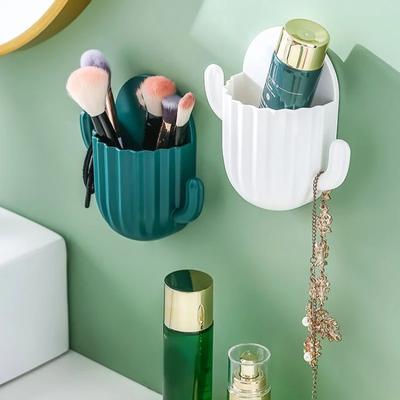 Abnehmbarer, selbstklebender Kosmetik-Organizer, stanzfrei, zur Wandmontage, Aufbewahrung von Kämmen, Bürsten und Make-up-Kleinigkeiten, Kaktusförmiges Gestell