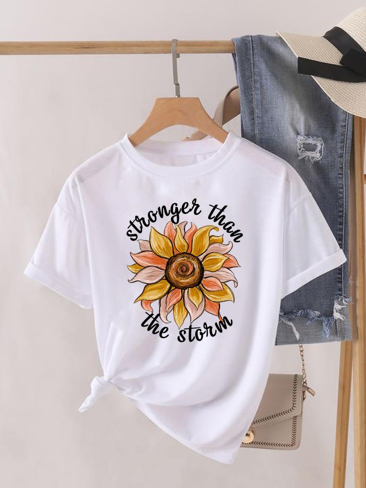 Kwiatek Słodki Trend lat 90. Uroczy Krótki Rękaw Nadruk Moda Graficzny T-shirt Kobiety Top Pani Damska Koszulka Tee Okrągły Dekolt Odzież Ubrania