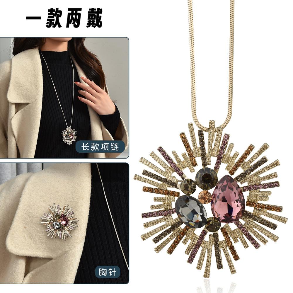 Autumn And Winter Long Necklace Women S Fashion Versatile One Two-Wear Flower Crystal Sweater Chain Clothes Accessories