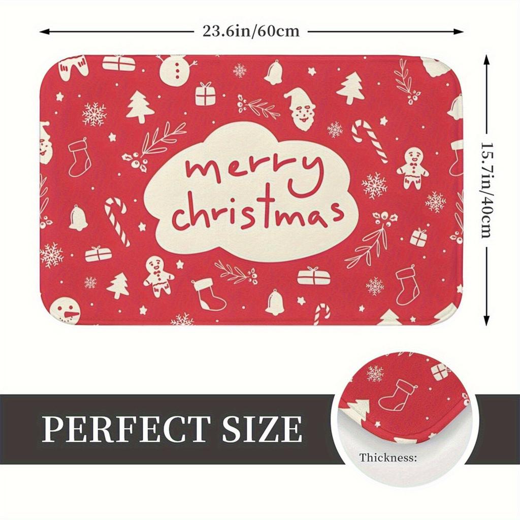 Festive Cherry Red Christmas Doodle Non-Slip Doormat - Machine Washable Lightweight Polyester Mat with Rubber Backing, Irregular