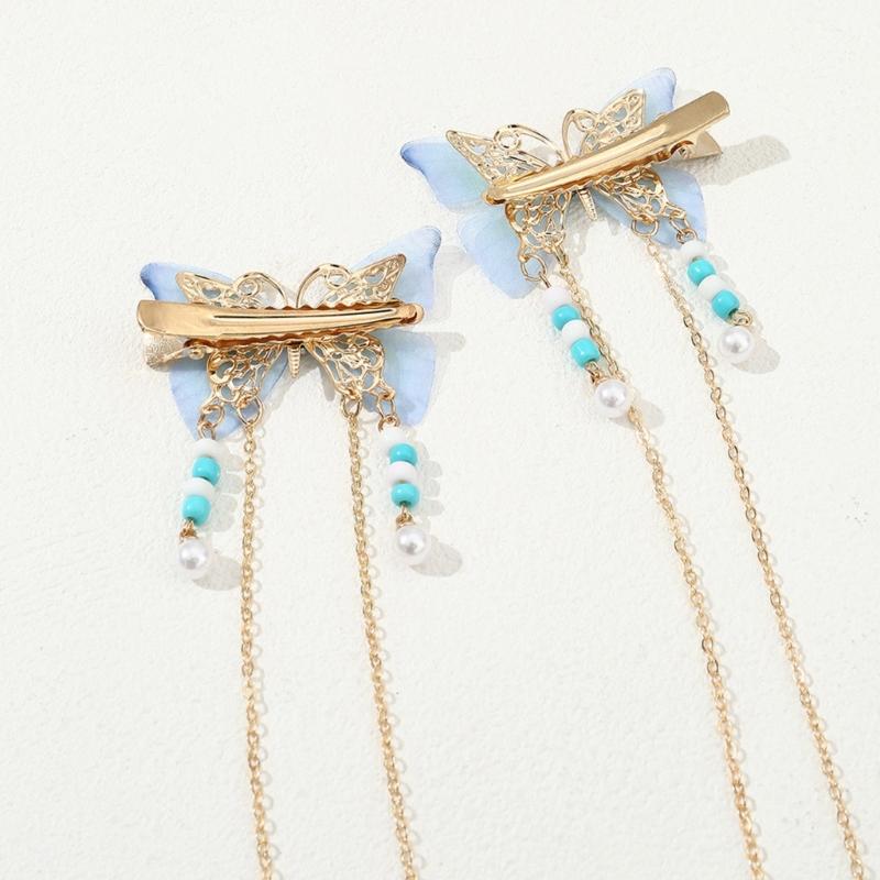 Chinese Hair Clip with Tassels Vintage Butterfly Hair Clip for Spring Summer Hanfu Side Hair Ponytail Hairpins for Teens