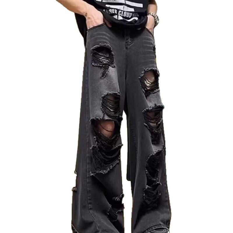 Jeans de diseño americano rasgado para hombre marca retro trendy de alta calle pantalones de pierna ancha de barrido pantalones finos de verano
