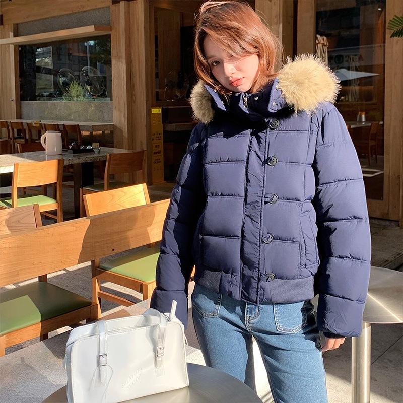 Women Short Medium Length Down Jacket Winter Warm Stand Collar Solid Color Casual Outerwear Coat