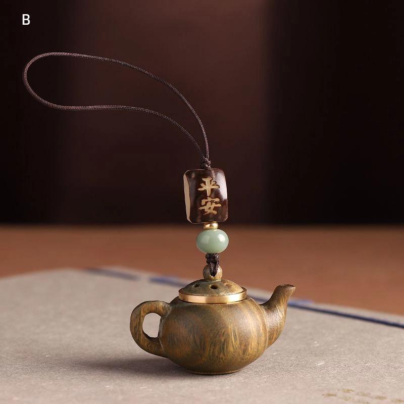 Mini Little Teapot Keychain Waterproof Openable Carved Teapot Pendant Woven Rope Beads Green Sandalwood Phone Chain