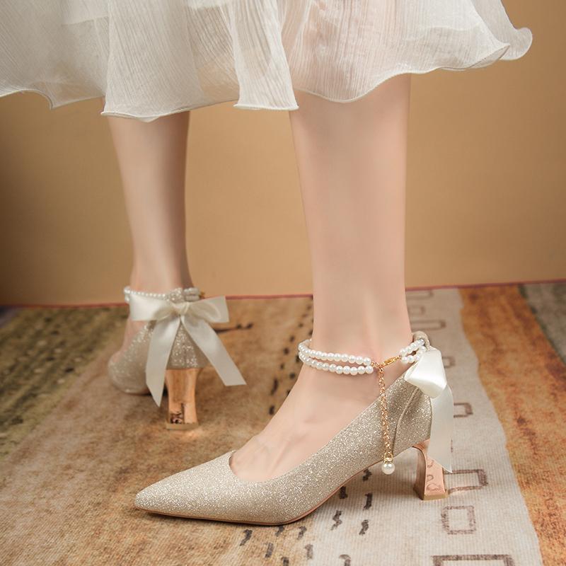 Fashion Women High Heels Bow Tie Fairy Style Silk Satin Surface Thick Heel Pearl Chain One Line Buckle Single Shoe Fashionable Versatile