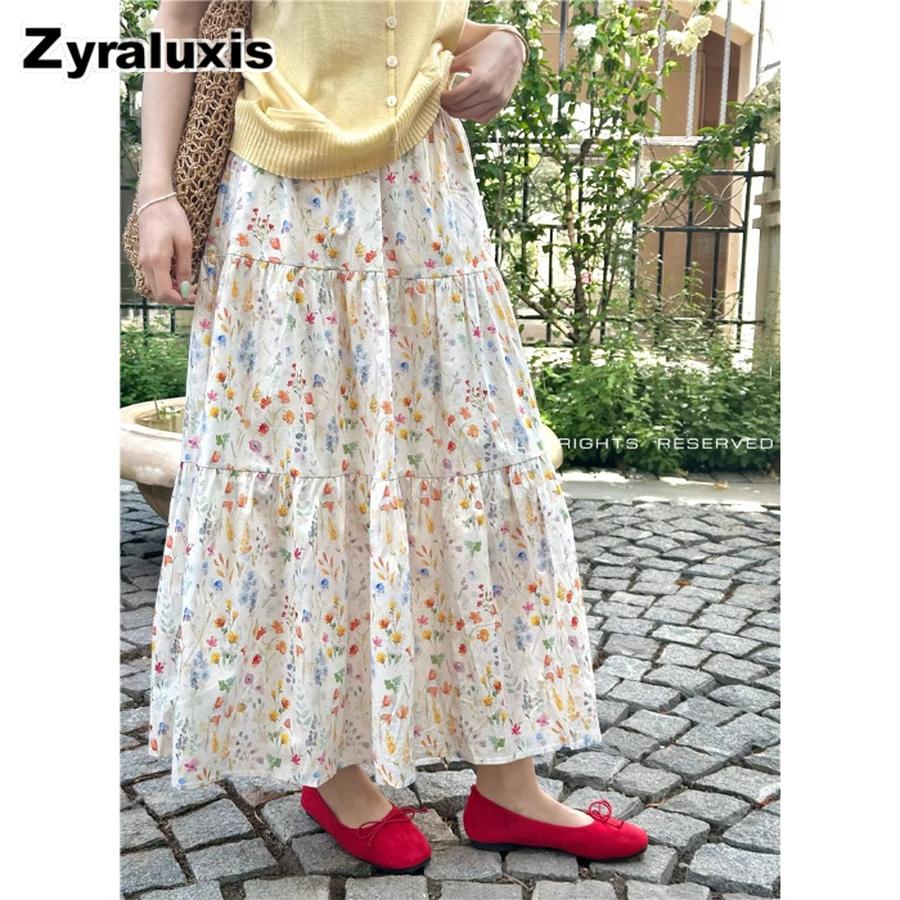 Floral Patchwork High Waist Midi A-Line Skirt for Women Spring New Style Slimming Elegant Dress S