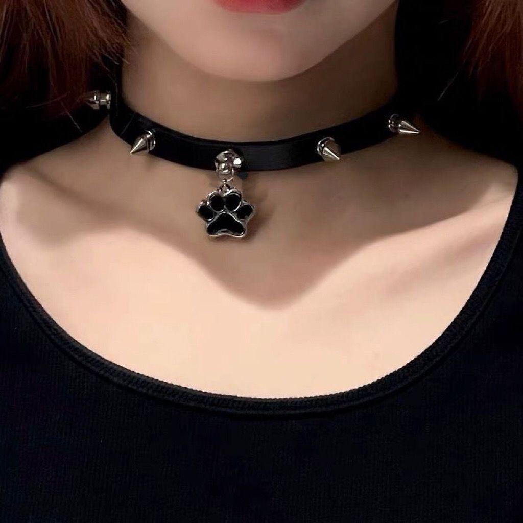 Rebellious Meatball Cat Paw Rivet Leather Choker Necklace - Y2K Punk Trend