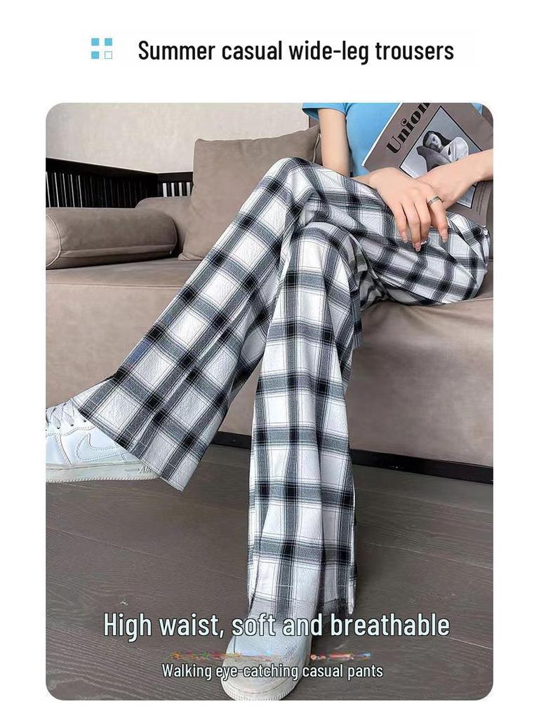 Women's High-Waist Plaid Wide-Leg Drape Pants - Black/White