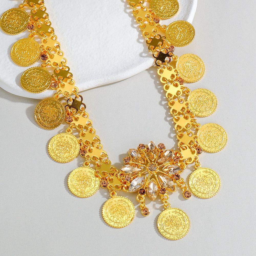 Indische Braut-Kopfkette Goldfarbene Legierung Strass Kristall Blume Münze Quaste Stirnband Kopfschmuck Damen Hochzeitsaccessoires