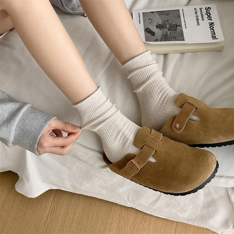 Rolowane Skarpety z Puszystej Bawełny dla Kobiet, Skarpety Bawełniane do Połowy Łydki Jednokolorowe na Wiosnę i Jesień, Beżowe Proste i Uniwersalne Długie Skarpety, Lato