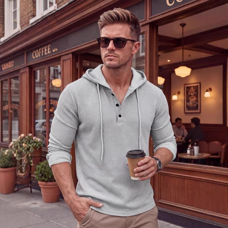 Mens Casual Waffle Knit Henley Hoodie S серый