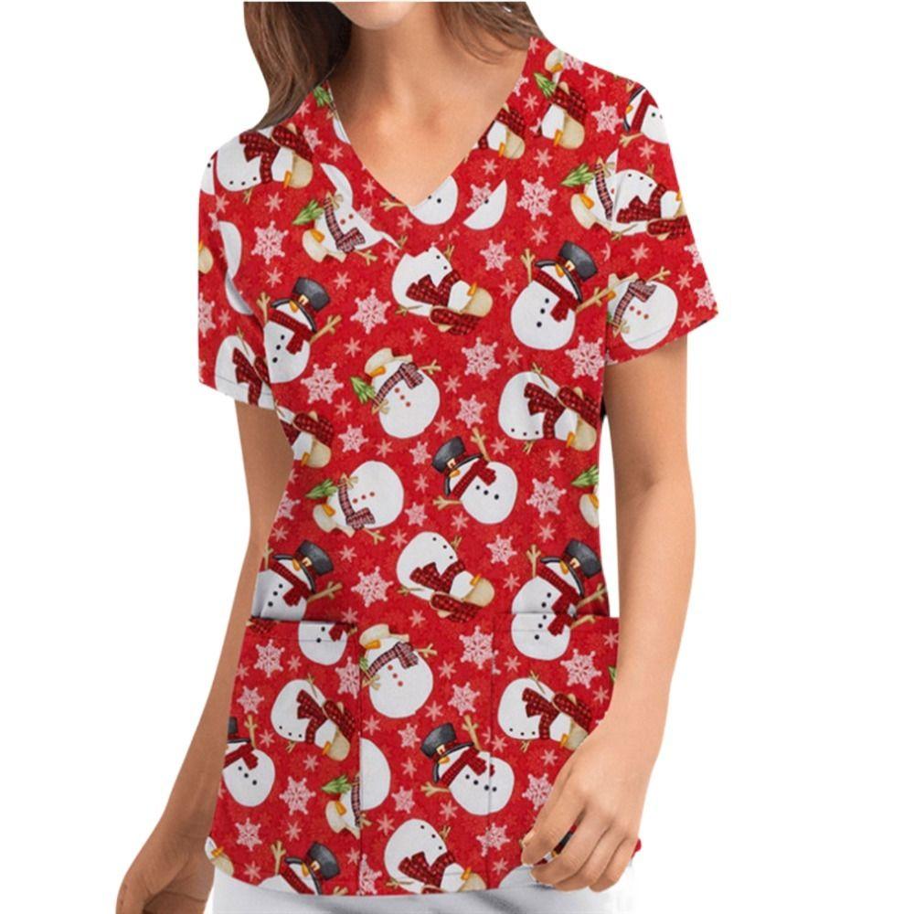 Short Sleeves Summer Winter Pajamas Santa Claus Woman T-Shirt V-neck Shirts Tops Christmas Blouse