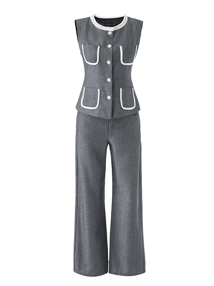 Elegant Beaded Neck Tencel Linen Vest & Wide-Leg Pants Set for Women - Spring Collection
