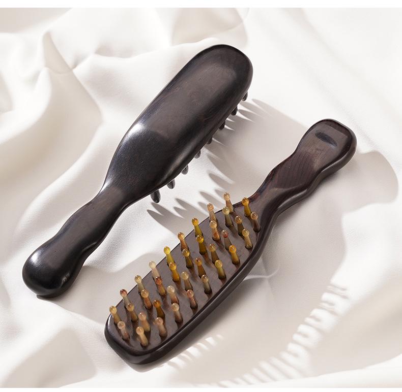 Curved Handle Ox Horn & Sandalwood Massage Comb with Pin Teeth for Men and Women