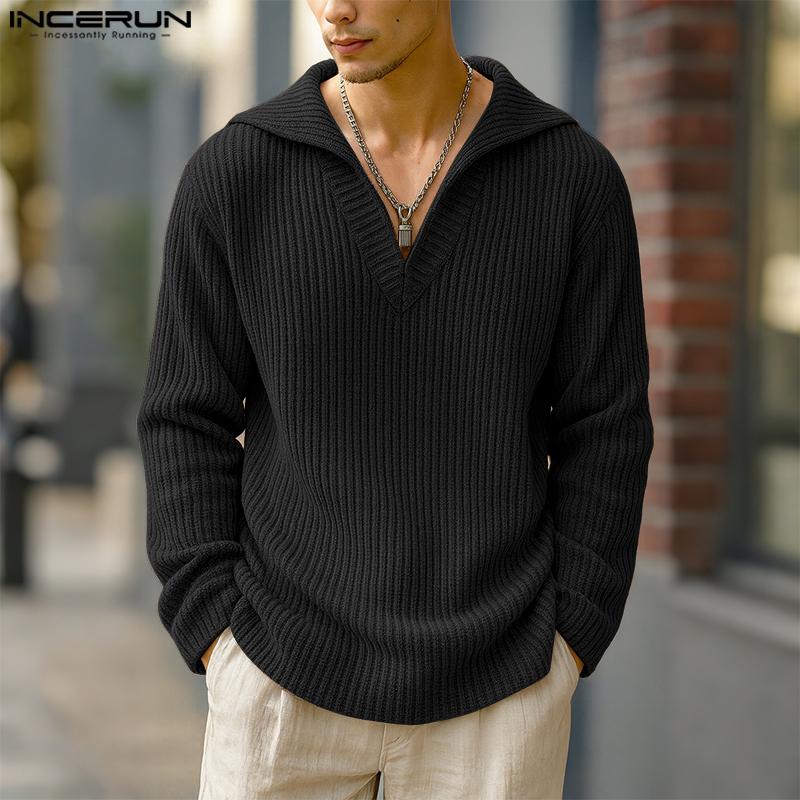 INCERUN Autumn Men Lapel V Neck Long Sleeve Texture Ribbed Knitted Casual Pullover Tops