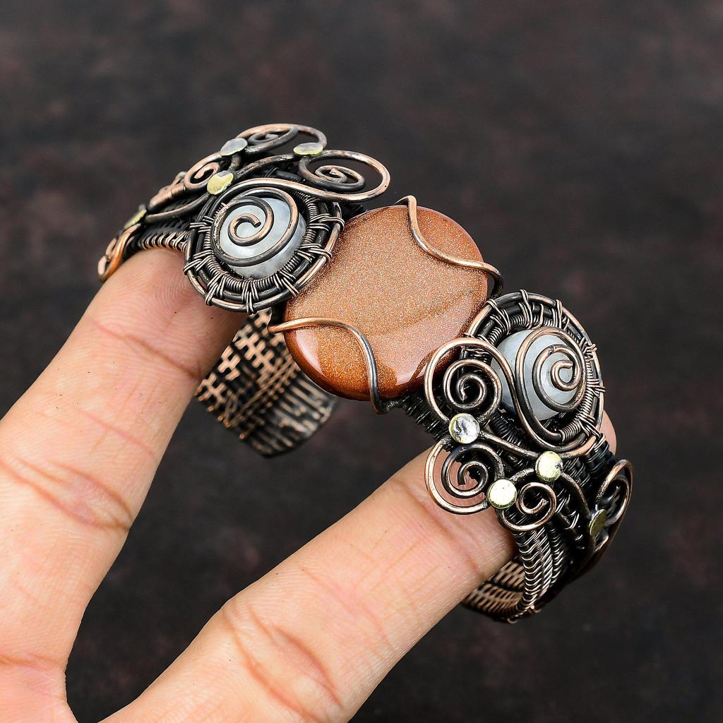 Bransoletka Sun Sitara z mankietem, tęczowy kamień księżycowy, bransoletka z kamieni szlachetnych, miedziany drut, regulowana bransoletka z mankietem, prezent dla niej, ręcznie robiona biżuteria z miedzi