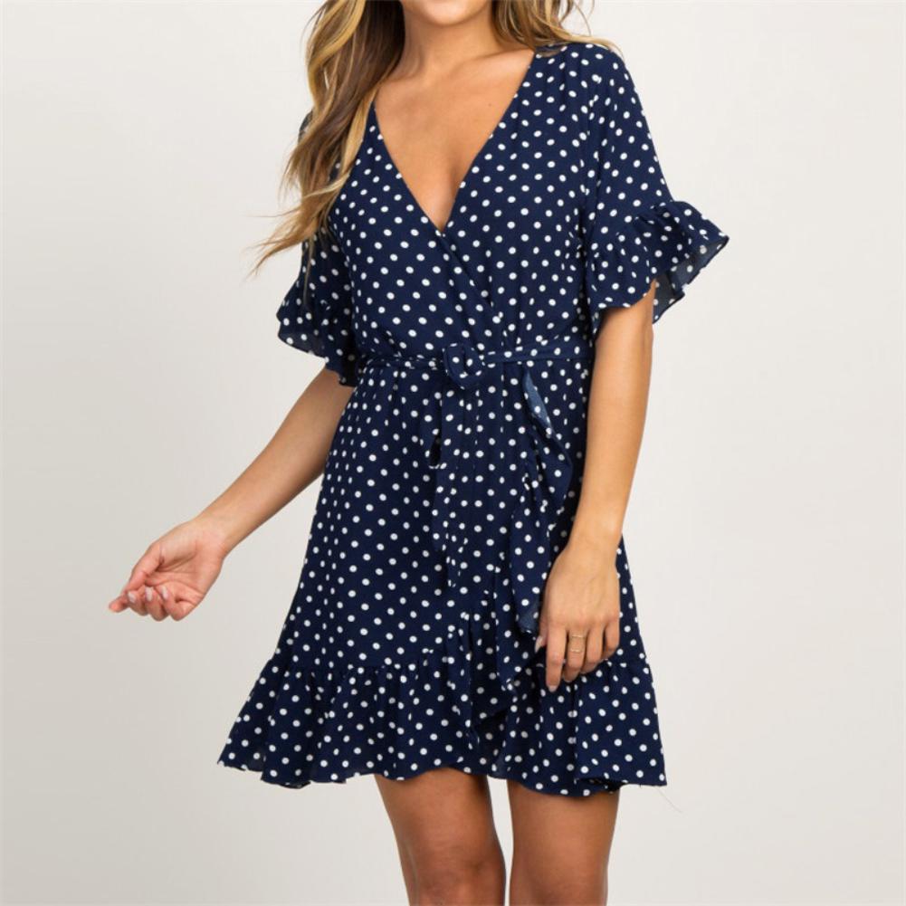

(С-3ХЛ) Лето Женщины Сексуальный Горошек V Шея Короткий рукав Взъерошенные нерегулярное платье