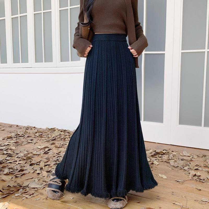 Höst/Vinter Tofsstickad Veckad A-linje Midi-kjol: Figursmickrande och höfttäckande