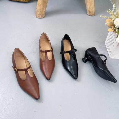 Scarpe da donna con tacco in pelle di mucca a punta Mary Jane a punta eleganti alla moda comode