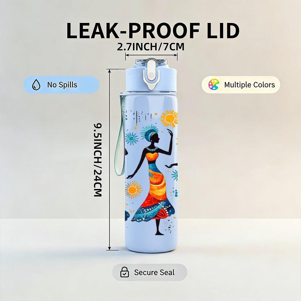 1PC Dancing African Ladies 750ml Color Plastic Sports Water Bottle Leakproof Flip Straw Lid Suitable for Sports Office Home Use