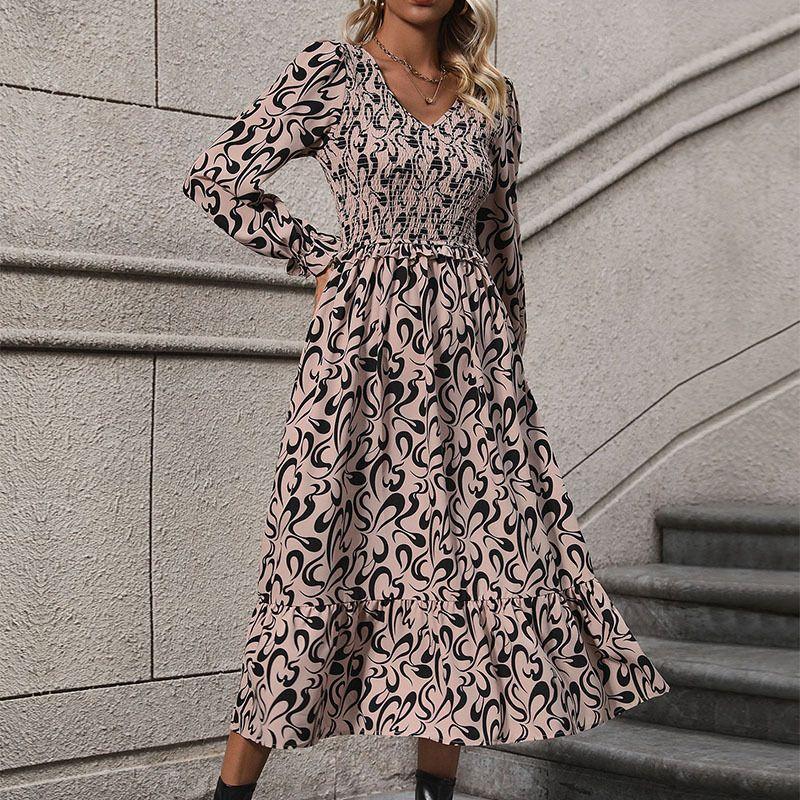 

New Arrival Dating Vacation Elegance Retro Style Long Sleeves V Neck Abstract Printing Dress Female Apricot color S