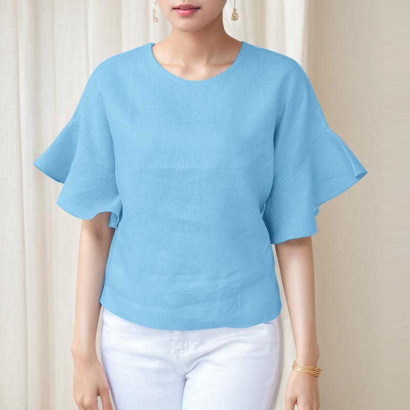 

ZANZEA Женская повседневная блузка с круглым вырезом, свободного кроя, с оборками, с коротким рукавом, однотонная 5XL светло-синий