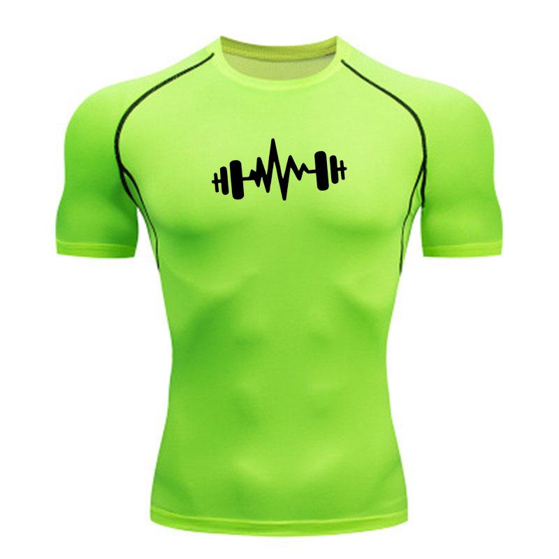 Men's Compression Workout T-Shirt, Dumbbell Heartbeat Printed Quick Dry Breathable Athletic Shirt for Gym Training Runni