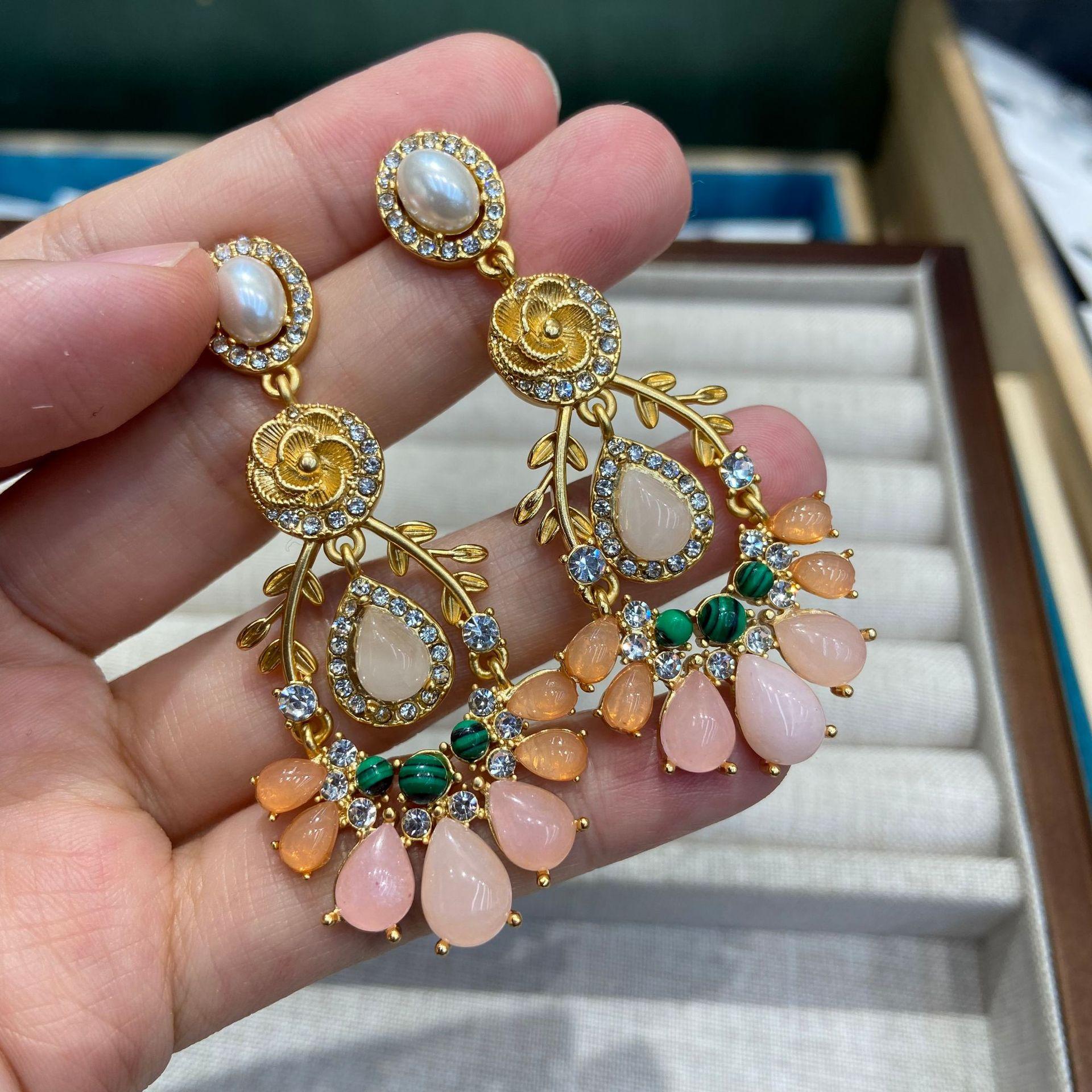 Color Diamond Luxury Heavy Industry Pearl Earrings, Retro Court Style Geometric Square Earrings, Water Drop Diamond Earrings.