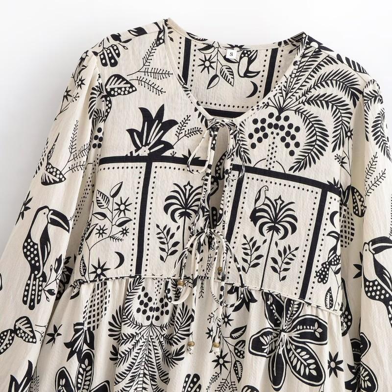 Bohemian Floral Print V-Neck Linen Blend A-Line Maxi Dress With Tie Waist Lantern Sleeves