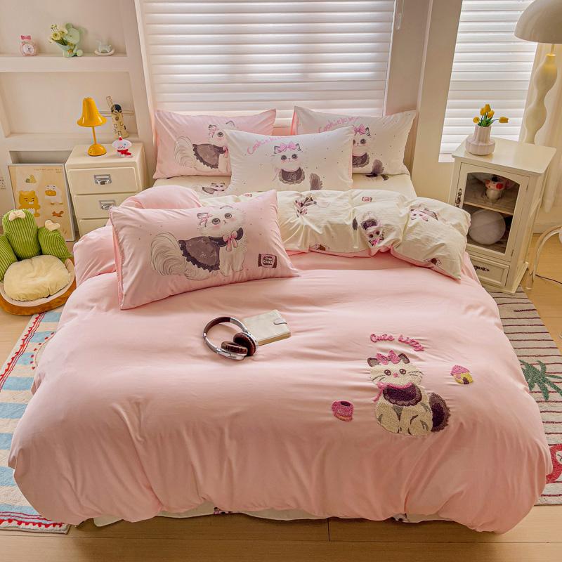 Cute Pink Cartoon Cat Towel Embroidery Girls Kids Bedding Set Soft Washed Cotton Duvet Covers Set Bed Sheet Pillowcases 3/4Pcs