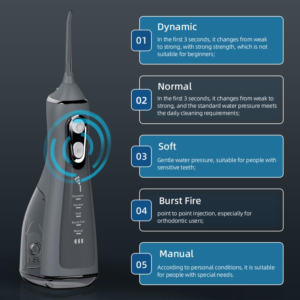 Oral Irrigator zubní scaler 5-rychlostní nastavení Water Flosser Přenosný zubní vodní paprsek 300ML IPX6 Vodotěsný čistič zubů