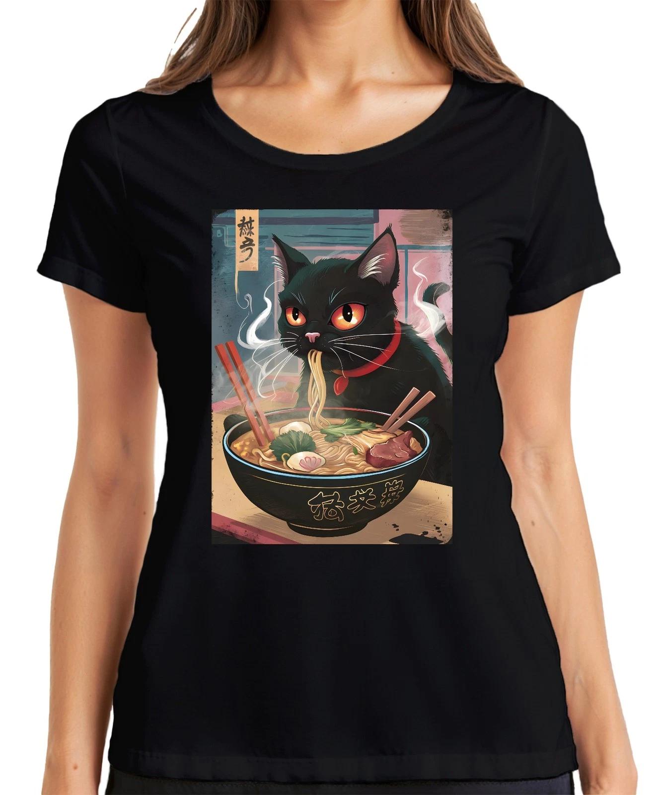 Schwarze Katze Ramen Nudelsuppe Japanisch Kawaii Anime Neko Chibi Damen T-Shirt M